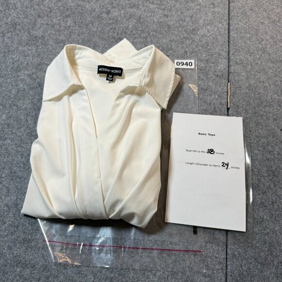 Modern Works Blouse Women Medium Cream Twist Front Gathered Long Sleeve Collared - Picture 6 of 6